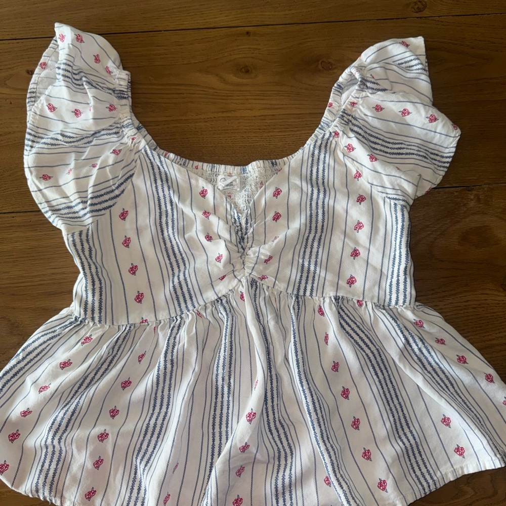 Floral Striped Puff Sleeve Blouse - White and Pink